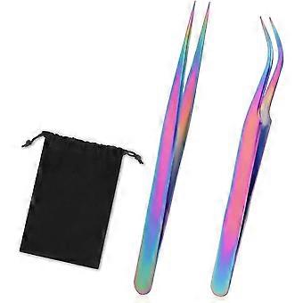 2 Pcs Pinças de Adesivo de Unhas - Ferramentas de Extensão de Cílios de Aço Inoxidável com Pontas de Fibra - Com Saco, Curvadas & Retas