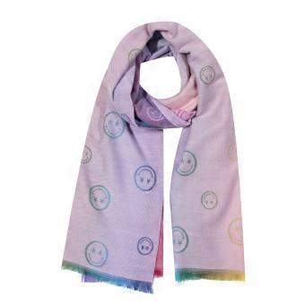 Faera dames sjaal met borduurpatronen in regenboogkleuren en contrasterende kleurgadiënten.