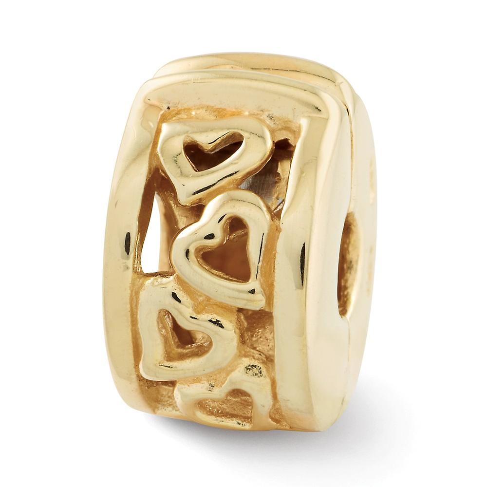 925スターリングシルバーポリッシュゴールドメッキリフレクションヒンジ付きラブハートクリップビーズチャーム10.91x5.45mm幅ペンダントネック