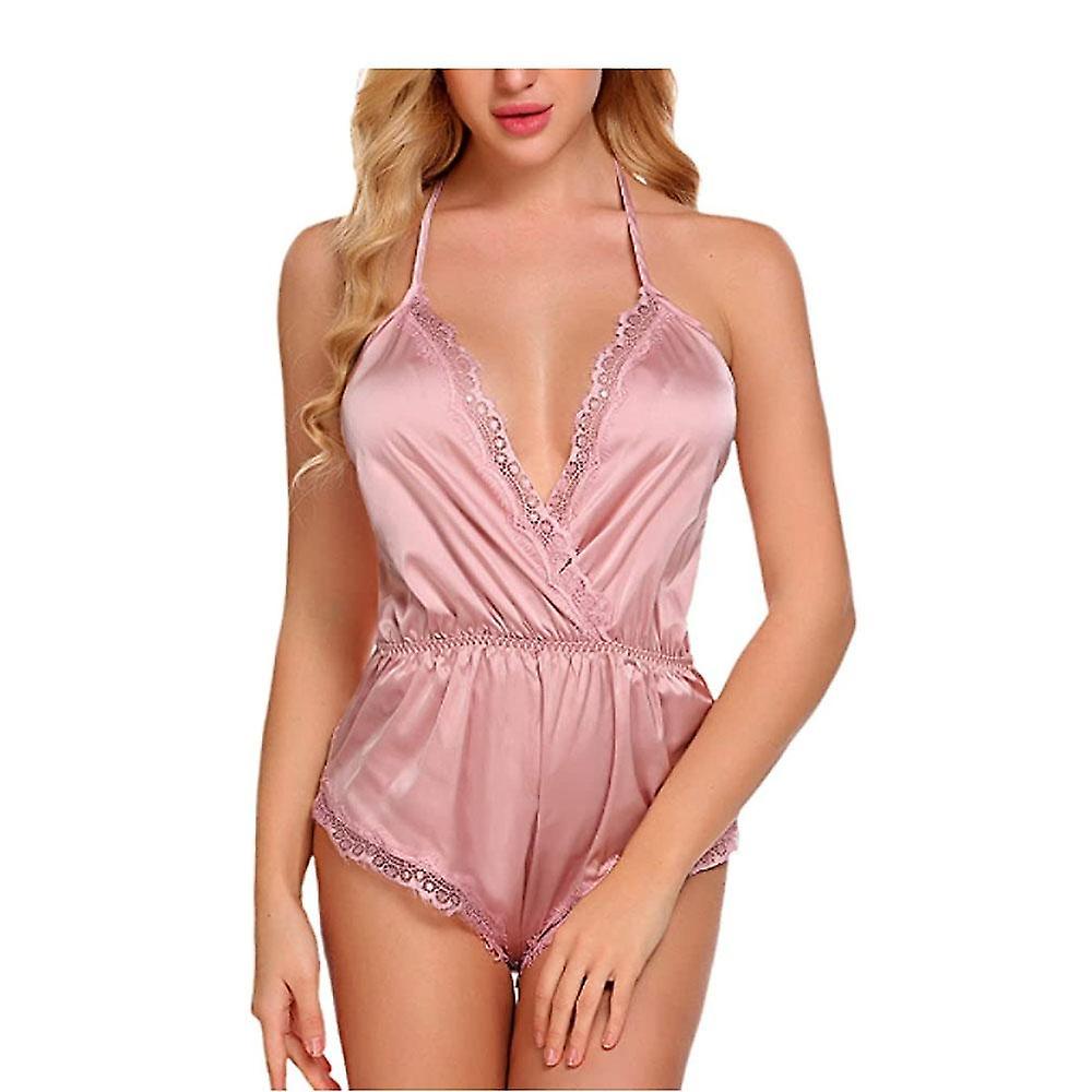 المرأة الملابس الداخلية Bodysuit الخامس الرقبة تيدي الرباط بيبي دول الساتان بيجاما ملابس نوم (الوردي، M)