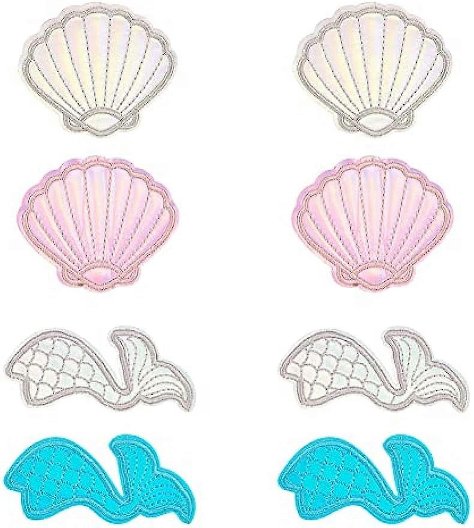 8PCS 4 Style Seashell Mermaid Cartoon Patch Cloth Sewing Patches Machine Embroidery Beach Seashell Mermaid Tail Applique Patch for DIY Craft Projects 