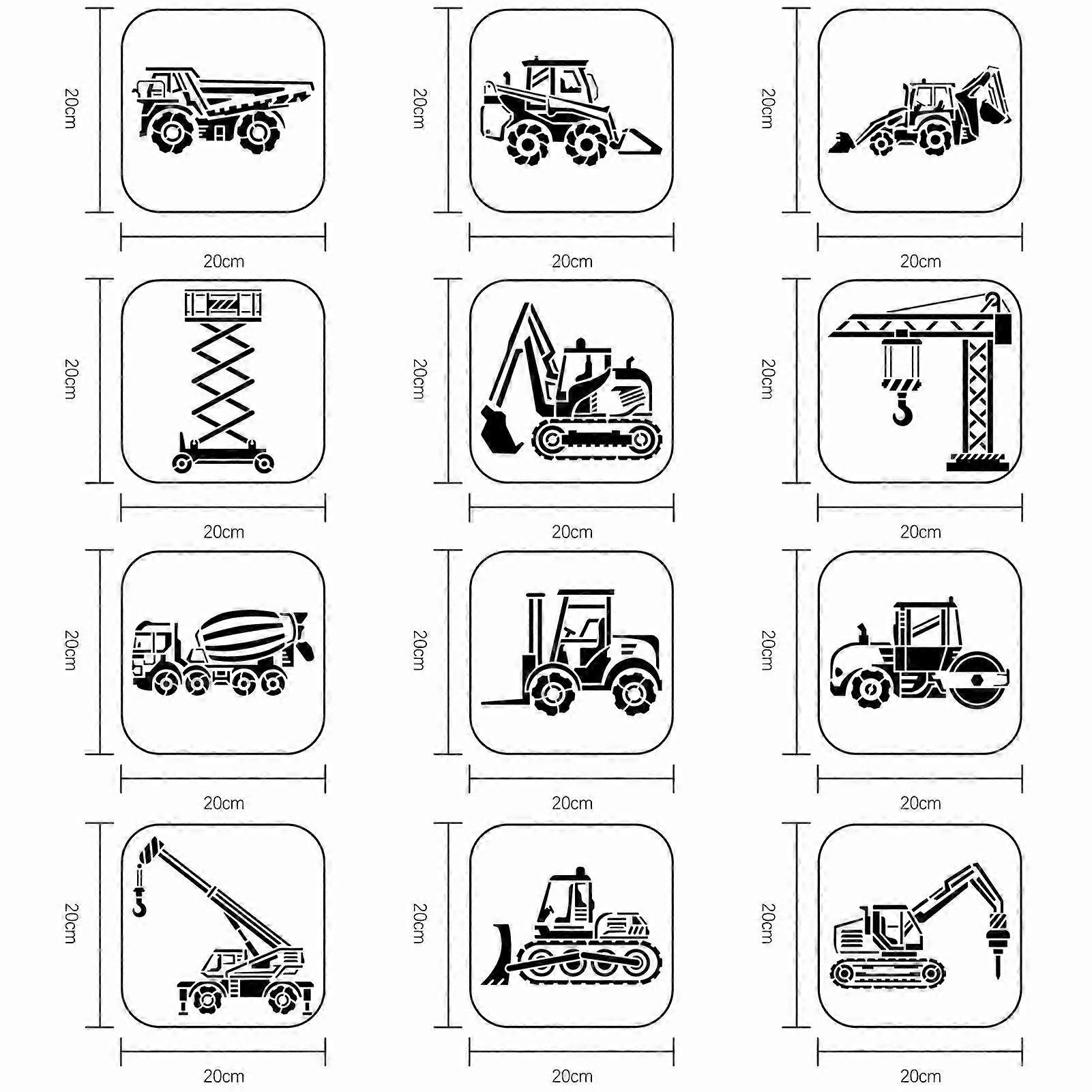 12 Pcs Construction Vehicle Pattern Decoration Template Reusable PET Plastic Stencil