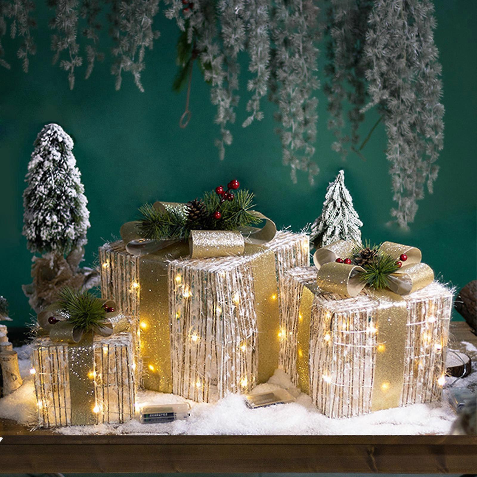 3 قطع مضيئة عيد الميلاد الحديد مربع الزخرفية ، نافذة التسوق هدية مربع ، شجرة عيد الميلاد الديكور ، تدفق هدية مربع