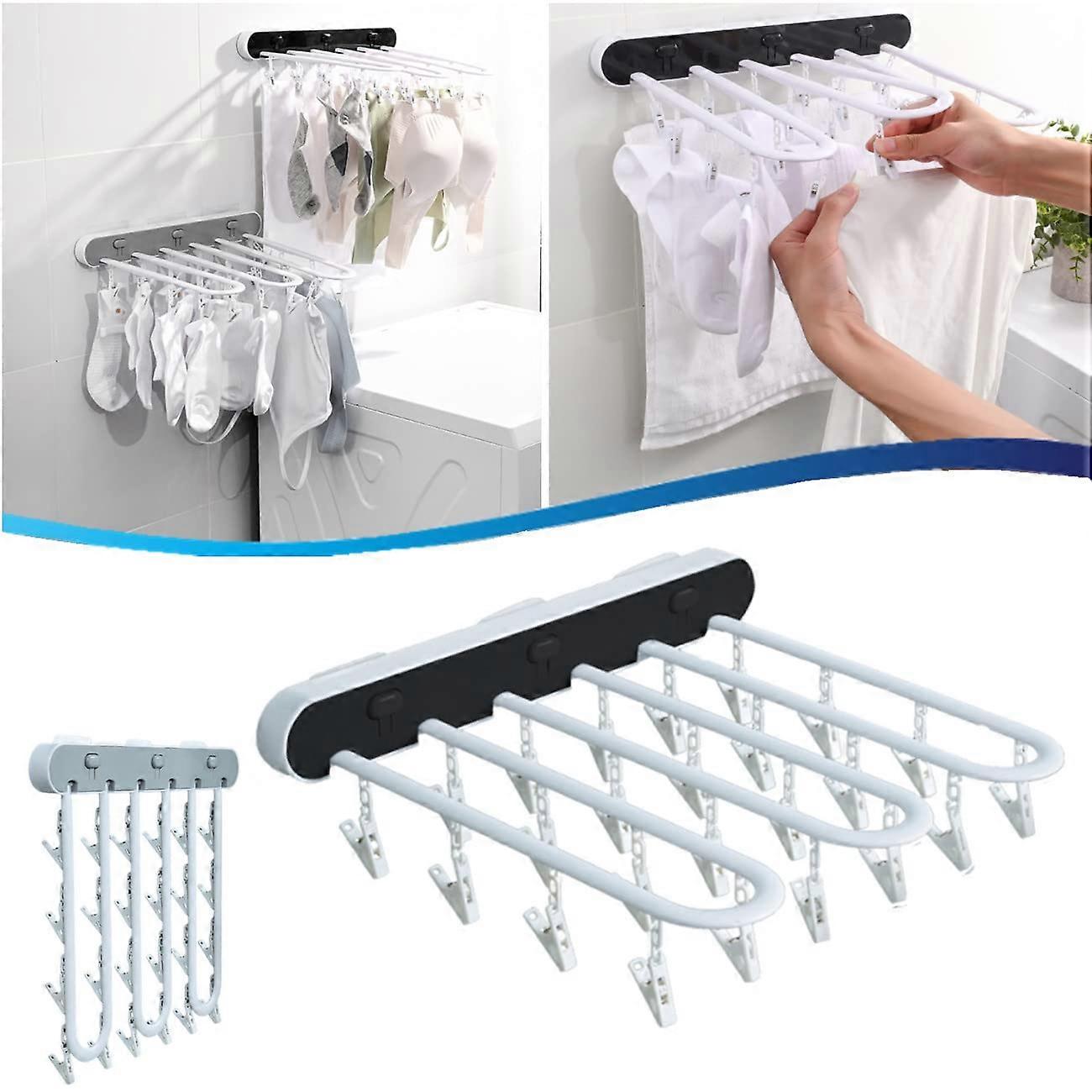 24 Clips Multifunctional Clothes Drying Rack, Wall Mounted Foldable Socks Hanger Rack, Black