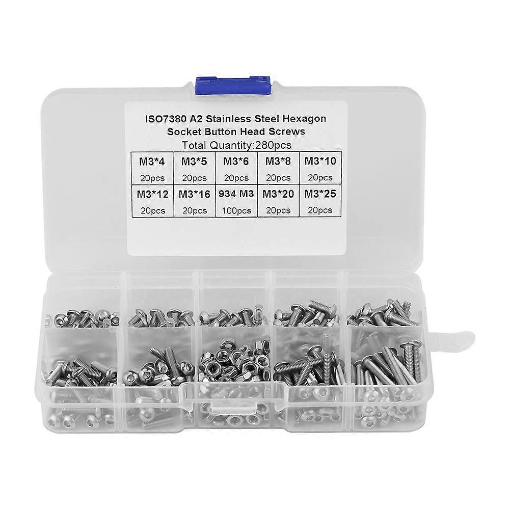 280pcs M3*4/5/6/8/10/12/16/20/25 Button Head Hex Socket Screws Nuts with Plastic Case