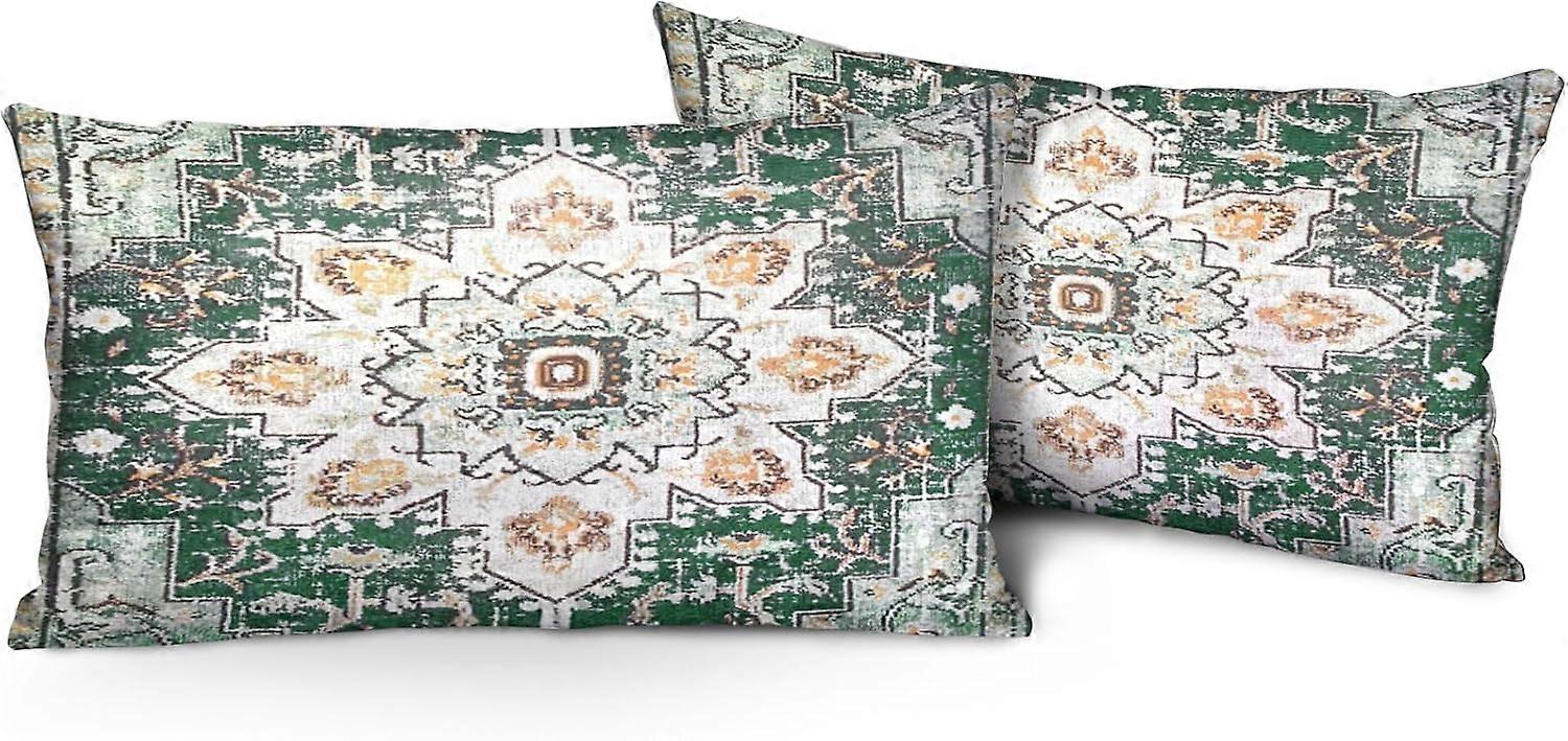 Boho Yeşil Yastık Kılıfları 12x20 inç 2'li Set, Bohemian Halı Çift Taraflı Desen Yumuşak Peluş Yastık Kılıfı Koltuk Koltuk Yatak Dekoratif, Sadece 