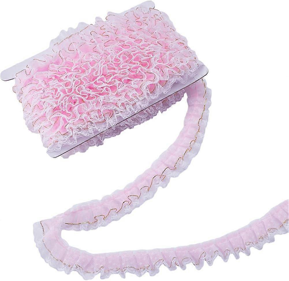 10m Double-Layer Pleated Chiffon Lace Trim 35mm Wide 2-Layer Pink Ruffled Tulle Trim with Gold Thread Edge Gathered Edging Trimmings Fabric Ribbon for