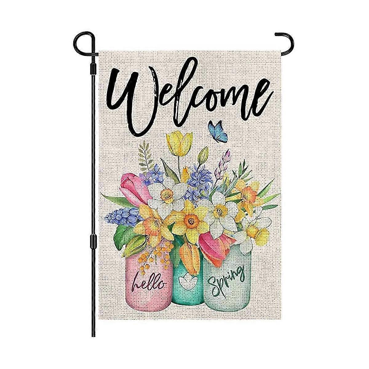 Spring Welcome Garden Flag , Double Sided Burlap Weatherproof Flag Farmhouse Flag For Outdoor Yard