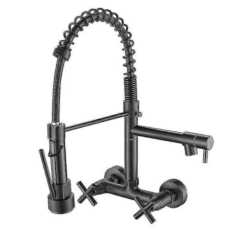 كروم / أسود المطبخ صنبور مزدوج مقابض الماء الساخن البارد خلاط المطبخ الحنفية الحائط المزدوج قطب صنبور الربيع سحب الحنفيات
