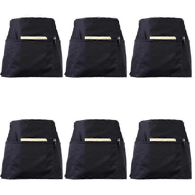 6 Pack Black Waist Aprons With 3 Pockets - Half Aprons For Waitress Waiter 24 X 12 Inch Server Apro