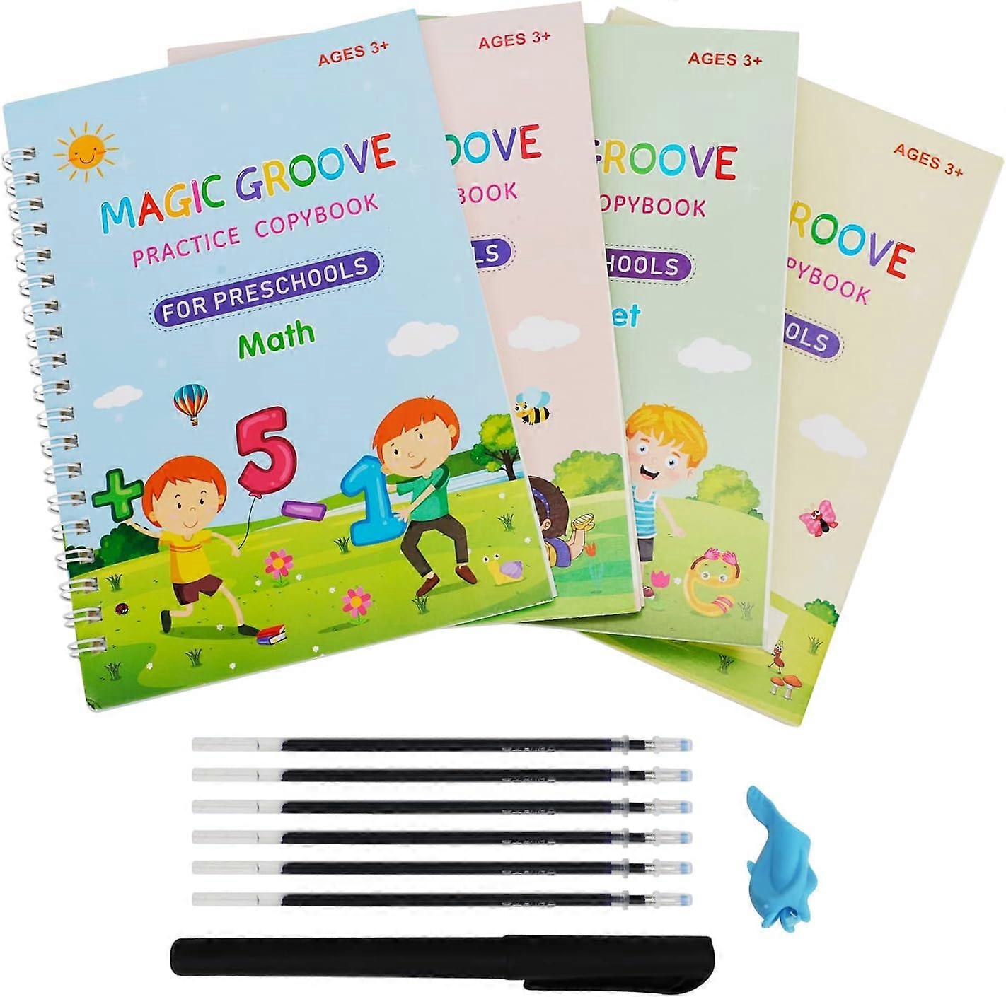 Magic Grooved Handwriting Practice Copybook Reusable Tracing Sight Words Calligraphy Improved with 4 Books+1 Pen+5 Refills