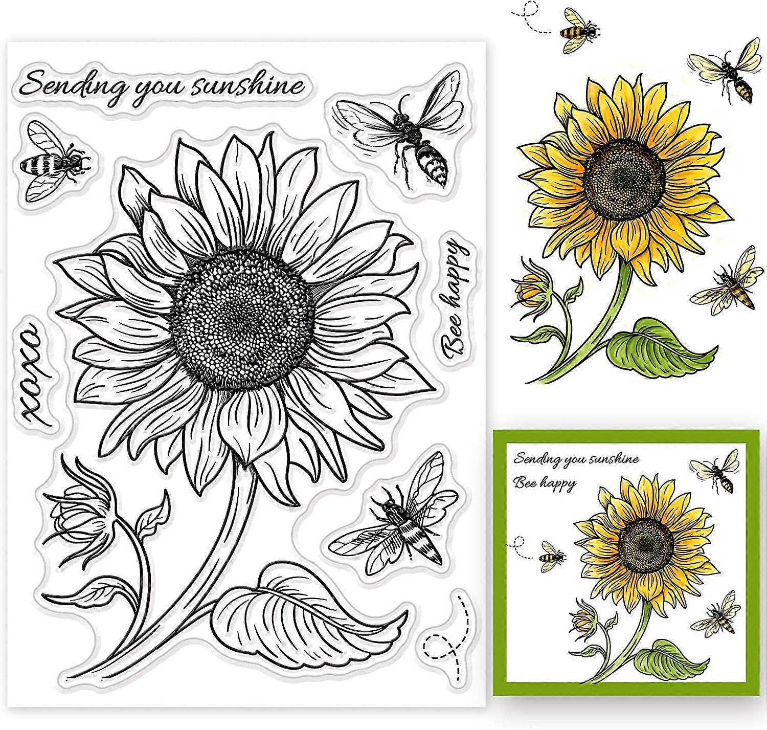 Sunflower and Big Bumble Background Clear Stamp Card Sketched Florals Silicone Clear Stamp for Scrapbook Journal Card Making