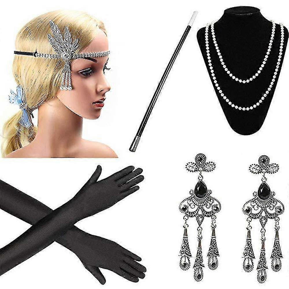 1920S Accessoires Set Flapper Bandeau,Boucles d’oreilles,Collier de perles,Gants