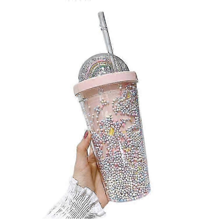 Double Layers Rainbow Plastic Water Bottle With Straw Creative 550ml Mug
