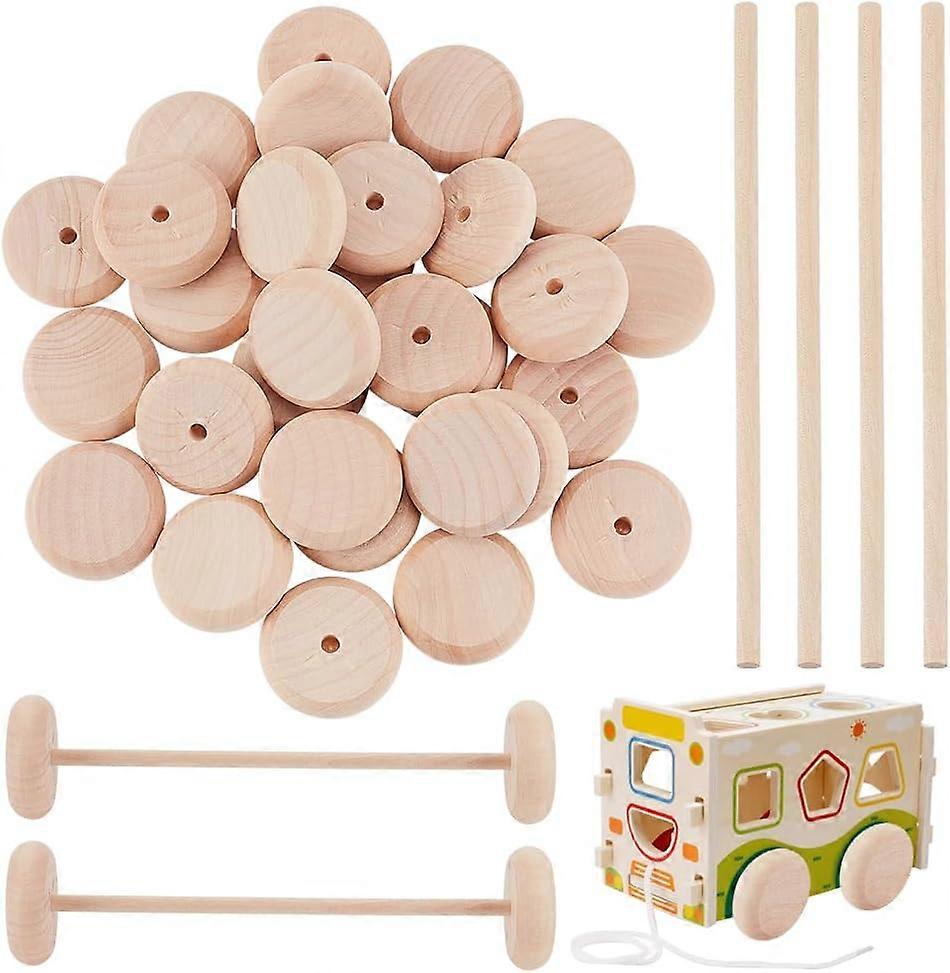 30 stk 1,5x0,5 tommers håndverkshjul i tre med 15 stk 5,9 tommers trepinner uraffinert trehjul små trehjul flate håndverkshjul i tre for DIY DIY
