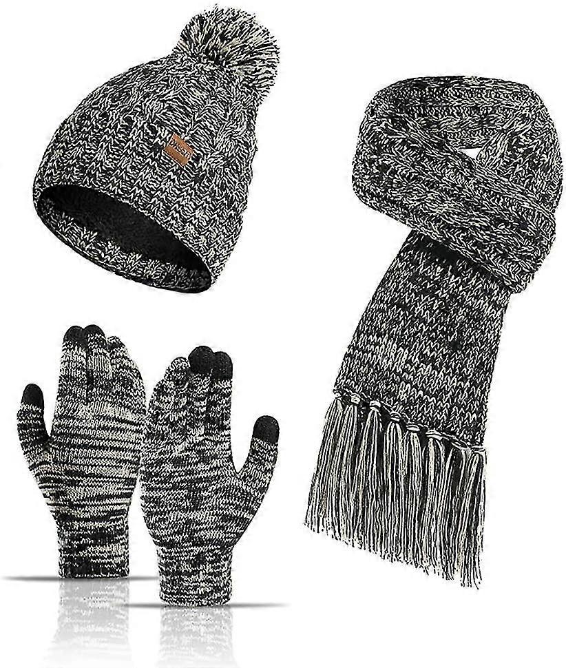 3pcs Winter Warm Hat Scarf Gloves Set For Women Men Knit Fleece Touchscreen Gloves Beanie Hat Ski Cap