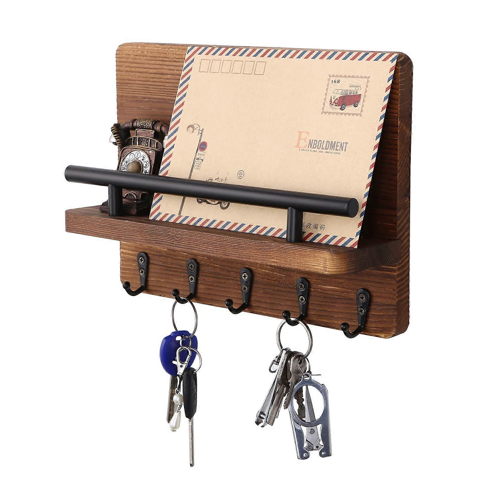 Key Holder for Wall Decorative with 5 Key Hooks, Wall Mounted Key Hangers for Wall with Key Rack, Wall Mounted Wooden Key Rack Mail Holder with Shelf.