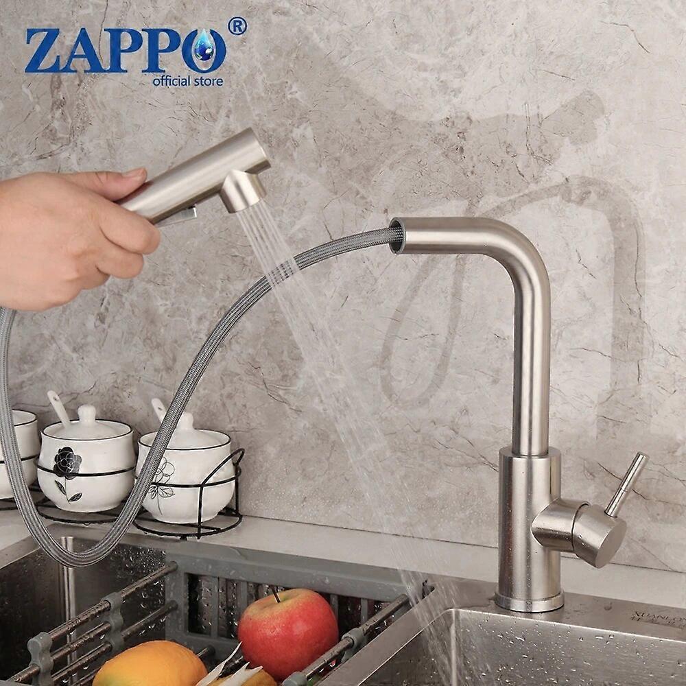 ZAPPO Chrome Finished Kitchen Basin Sink Faucet 360 Swivel Vessel Sink Mixer Pull Out Spout Hot and Cold Water Taps Faucets