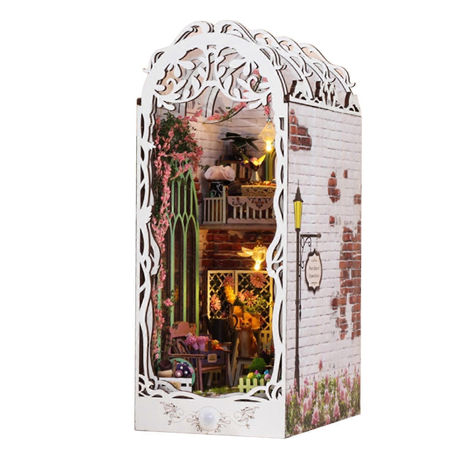 1 Set Bookend House DIY Detailed Book Nook Kit Bookend Diorama with LED 3D Wooden Puzzle Bookshelf