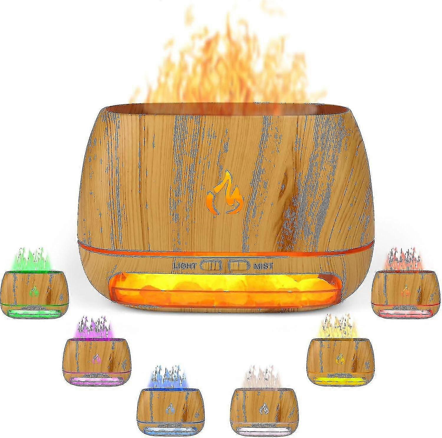 2024 3 in 1 Himalaya-Salzfels-Aroma-Diffusor, Ultraschall-Diffusor für ätherische Öle, Simulations-Flammenbefeuchter, Farblichtnebel-Diffusor, Holz-Gra