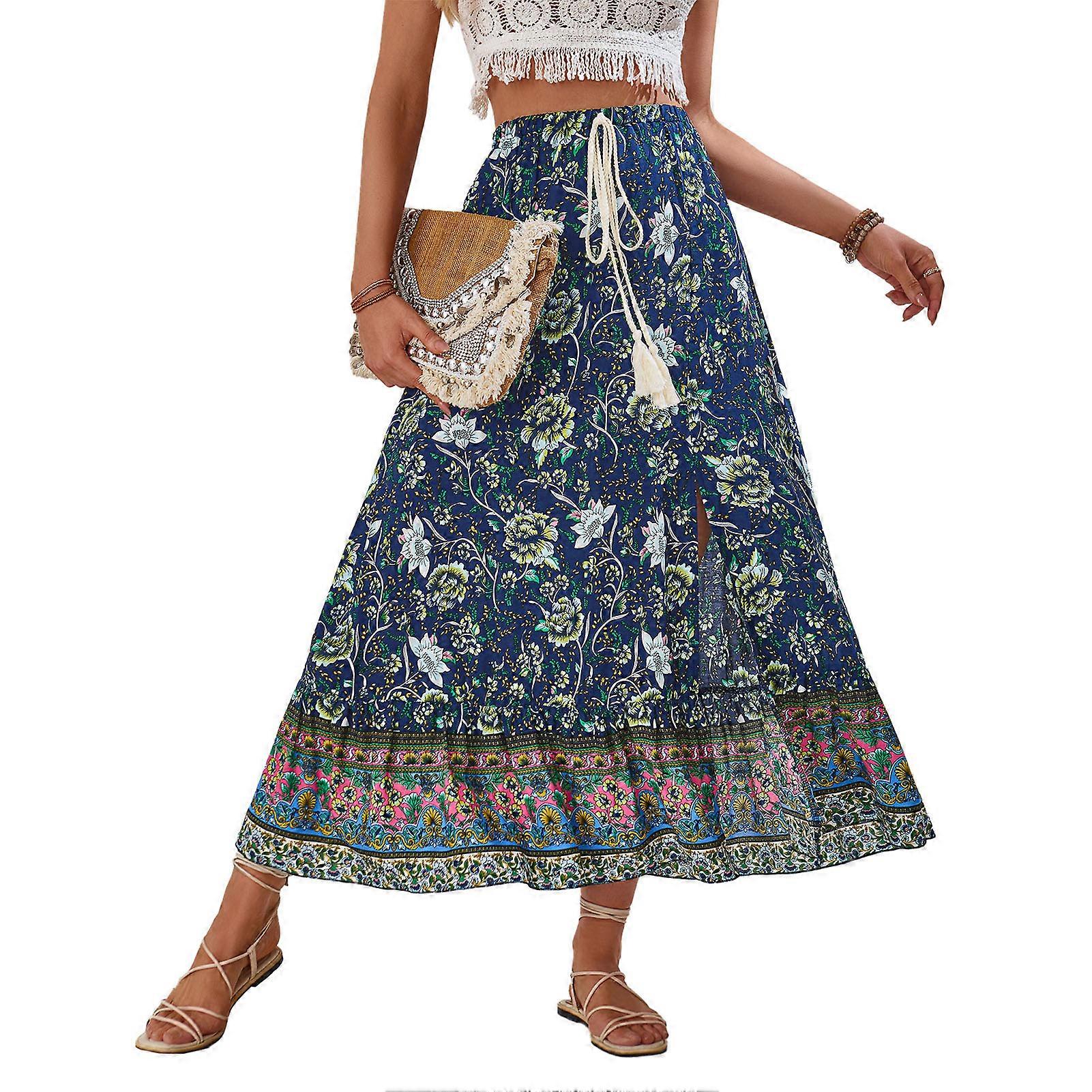 Floral Print Maxi Skirt Women Navy Blue L