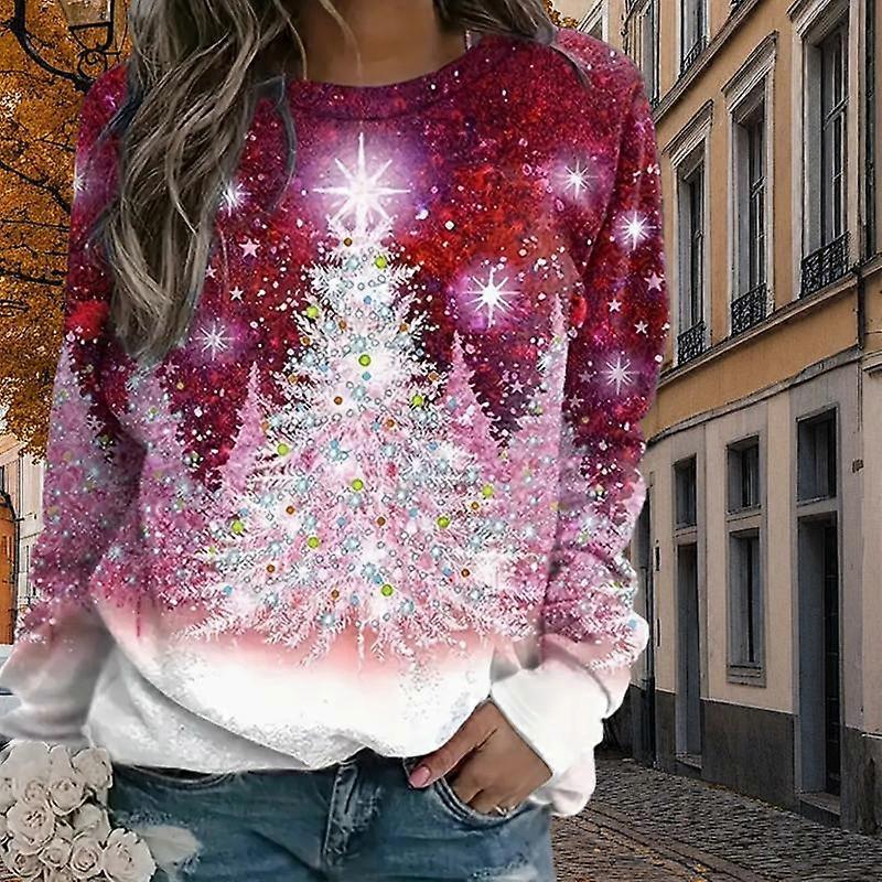Herbst- und Frühlingskleidung Weihnachtsbaum Print Pullover Tops für Frauen Rundhalsausschnitt Langarm