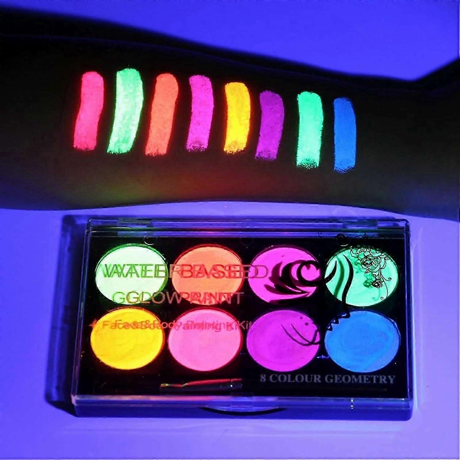 Glow UV Blacklight Face Paint, 8 Bright Colors Neon Fluorescent Body Painting Palette, Water Activated Eyeliner, Water Based Glow In The Dark