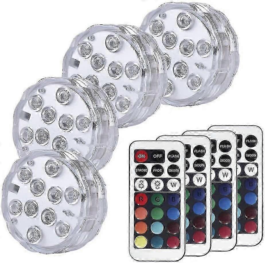 Submersible Led Lights, Ip68 Waterproof Multi Color Battery Operated Remote Control Wireless 10-led Lights4pcs