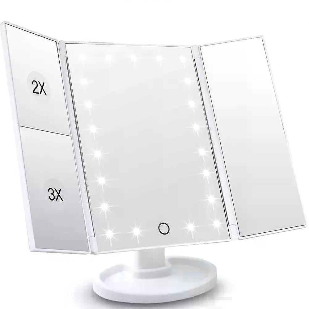 مرآة مكياج الغرور LED مع التحكم باللمس ، إضاءة قابلة للتعديل 1X ، 2X ، 3X تكبير ، تصميم ثلاثي الطيات هدية مثالية للنساء