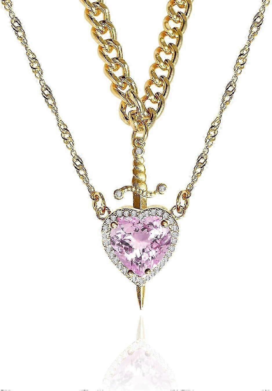 Colar de Coração e Espada para Casais em Aço Inoxidável Dourado Corrente de Zircônia Rosa Combinando Espada Através do Conjunto de Colares Românticos para