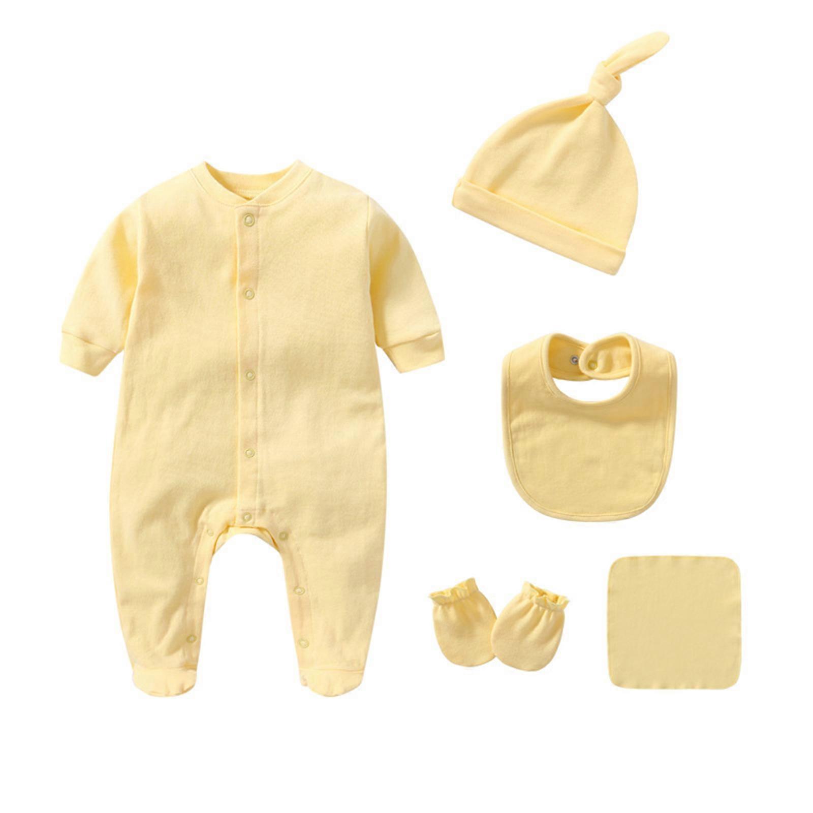 Nyfödd Baby Kläder Set Jumpsuit Långärmad Body med Baby Haklapp för Baby Flickor Pojkar Spädbarn Overaller Kläder Gul
