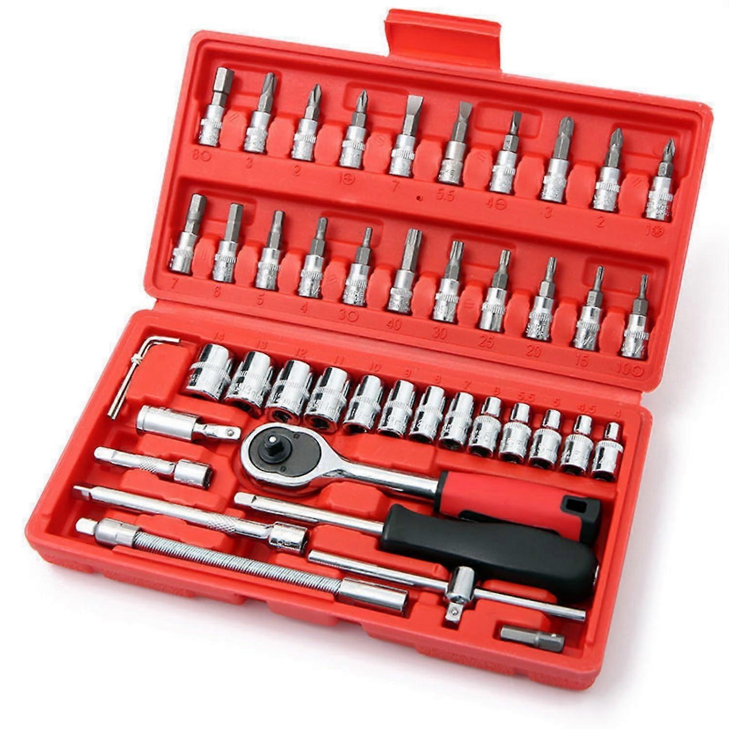 46 Pieces Mechanic Tool Kit 1/4' Dr. Ratchet Socket Wrench with Set Storage Case, Includes Bit Sockets and Extension Bar