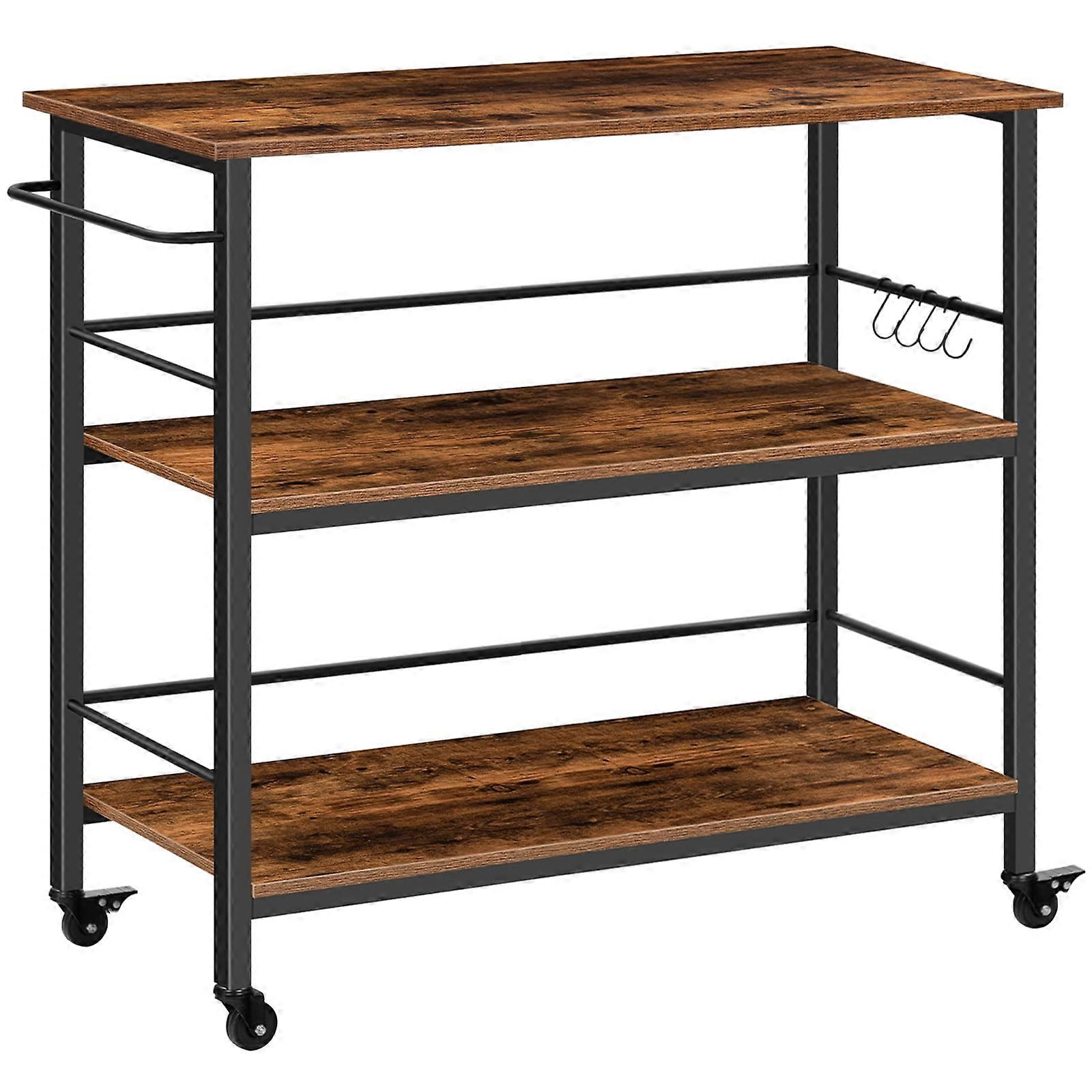 Kitchen Island with Storage,Industrial Kitchen Counter with Hooks and Side Enclosures, 3 Tier Cart