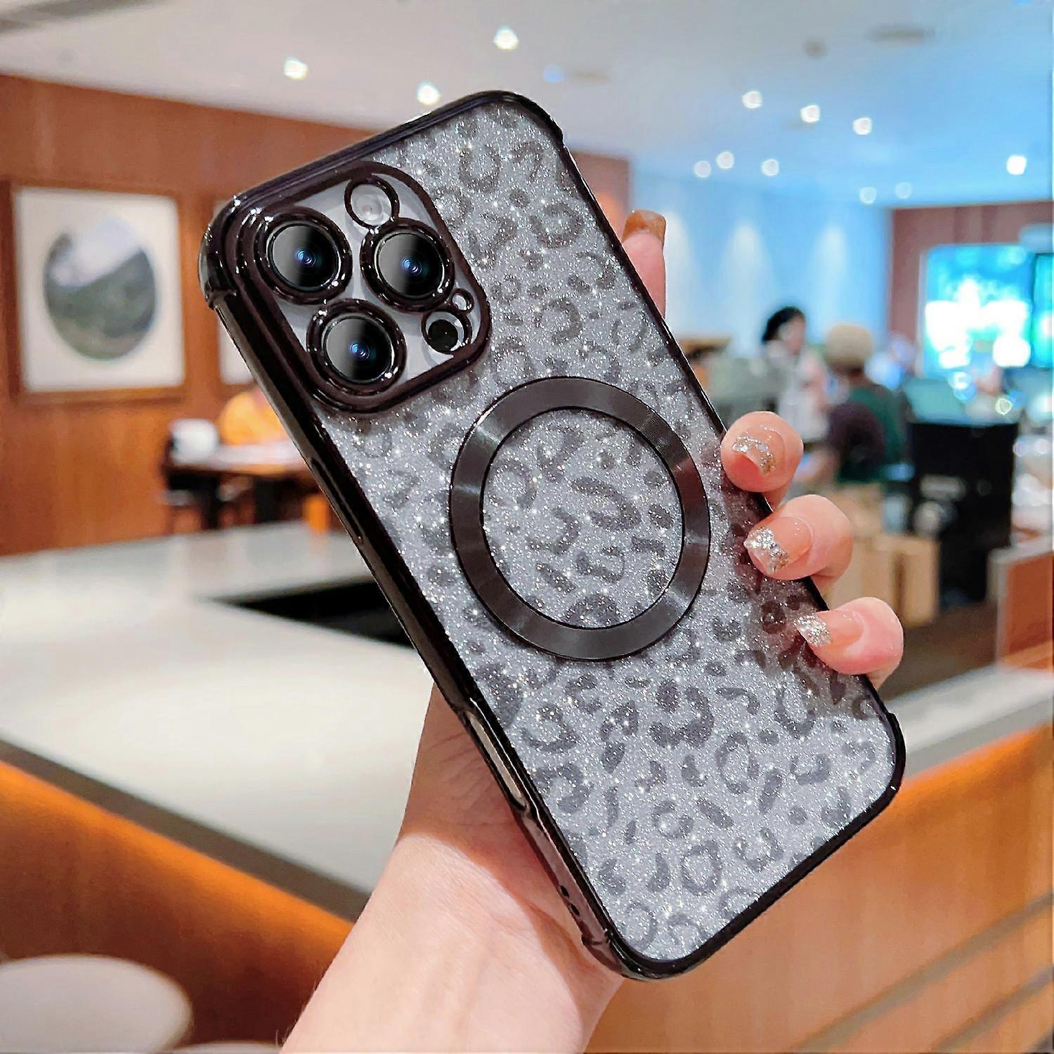 For iPhone 16 Pro Max Case Compatible with MagSafe TPU Phone Cover Glitter Leopard Print Pattern