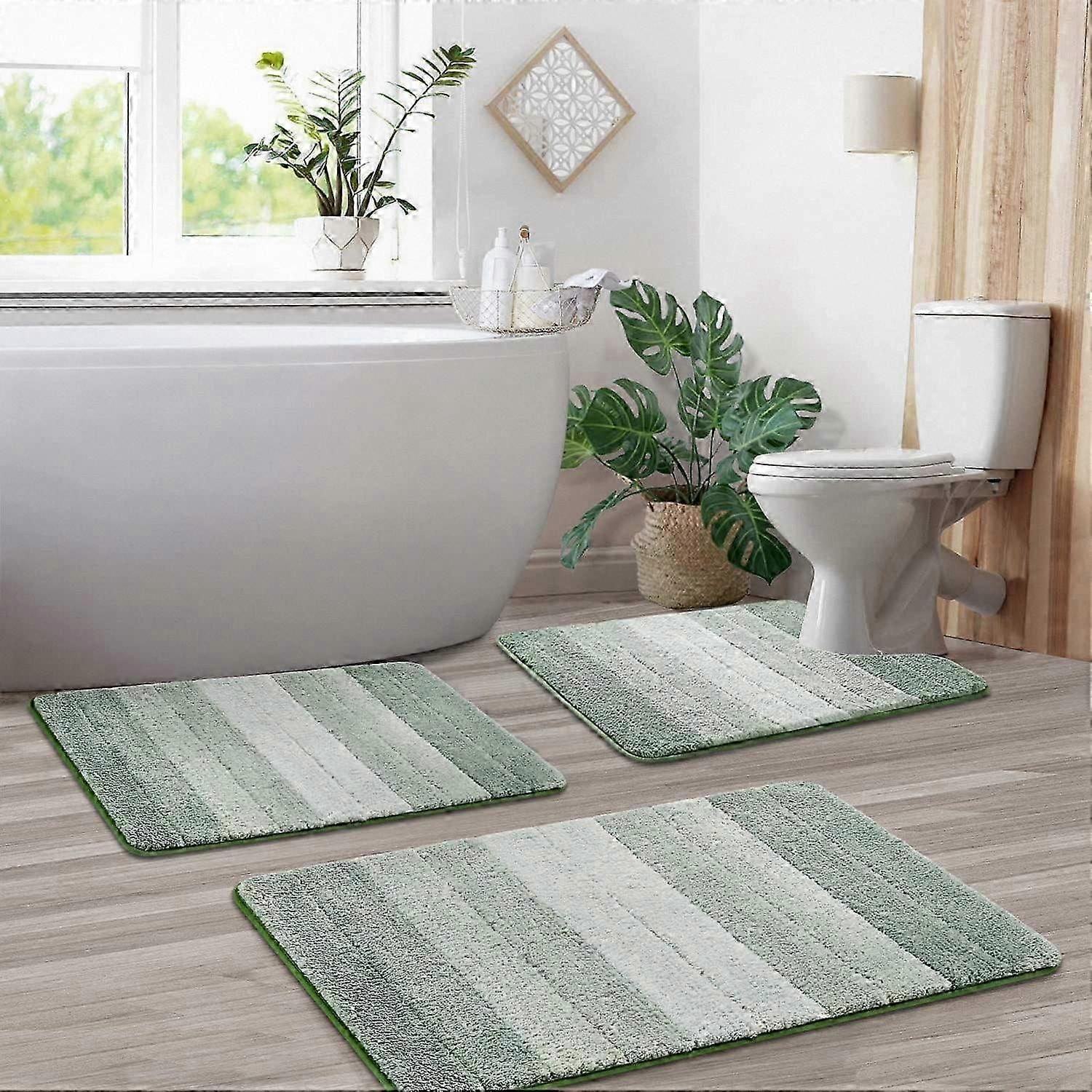3 Pcs Ombre Style Bathroom Rugs Set with U-Shaped Mat, Non-Slip Design, Fast Drying, Ultra Soft and Highly Absorbent Bath Carpet, Green