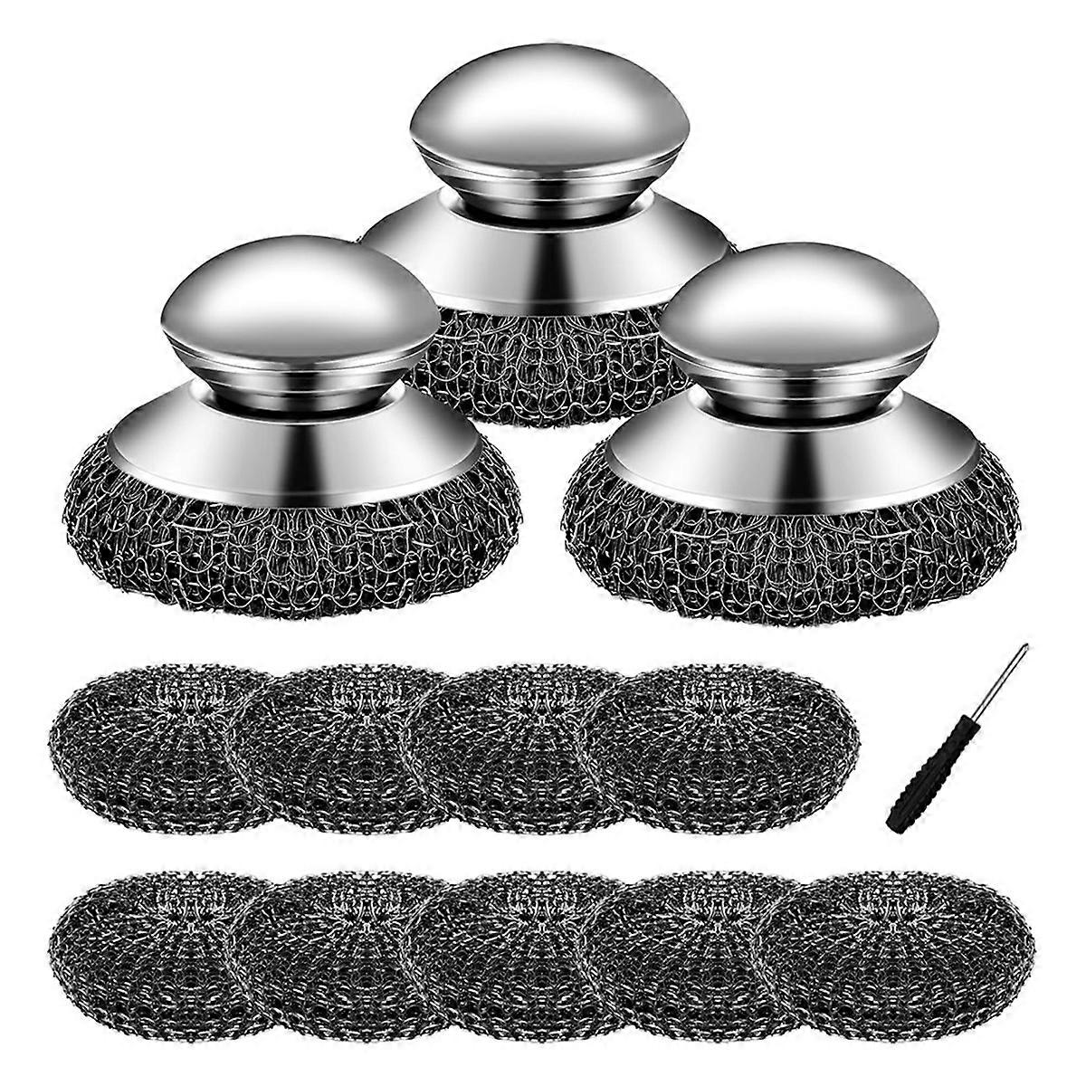 3 יחידות מקרצף צמר פלדה עם ידית מברשת קרצוף סיר מתכת כבדה 9 יחידות צמר אל חלד עבור