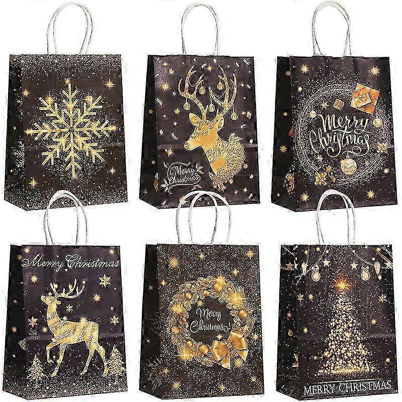 12/24pcs Gold Black Kraft Gift Bags with Handle Elk Snowflake Christmas Tree Foil Paper Bag Merry Christmas Party Favors Bag