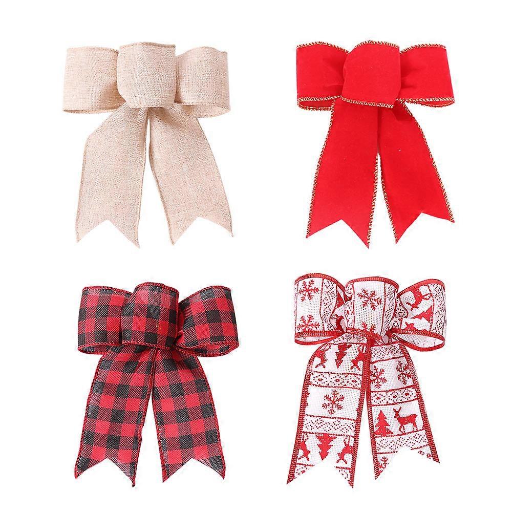 4pcs Christmas Tree Bowknots Plaid White Red Khaki Decorative Ornaments Holiday Party Portable Xmas Decorations Family Gatherings