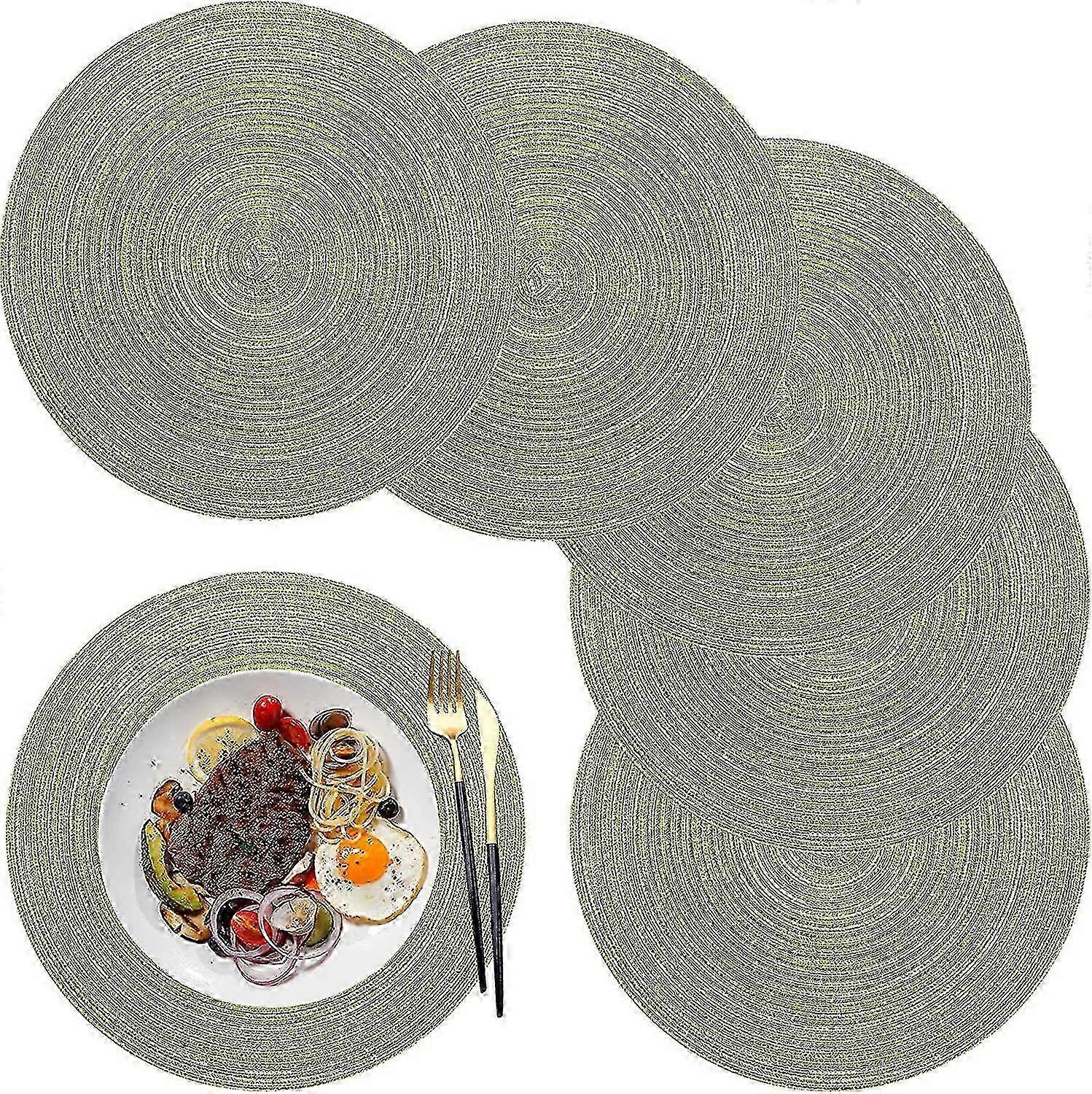 Set of 6 Round Washable Heat Resistant Non-slip Placemats 36cm, Suitable for Various Table Settings in Green Color