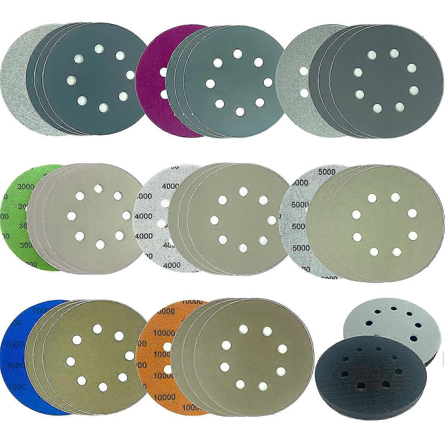 32pcs 8 Hole Sandpaper Sanding Discs Hook And Loop With Interface Pad