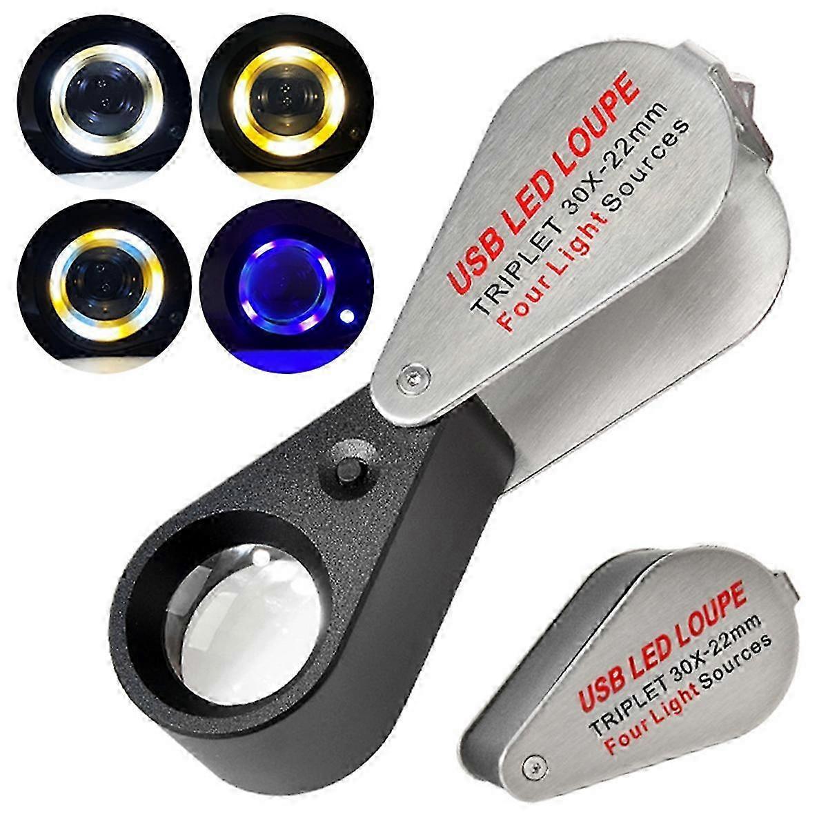 30X Rechargeable Four-Colour Light Source 13LED Magnifier for Jewelry with UV Lamp Pocket Lupa
