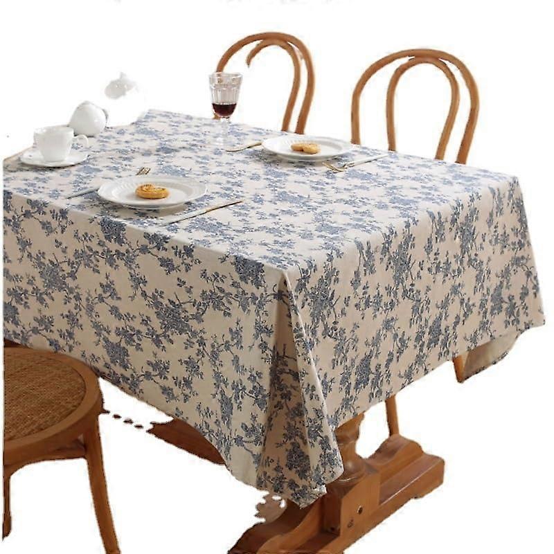 Tablecloth with blue floral print, square, cotton linen, washable, tassels (Blue Flower, 90*90CM)