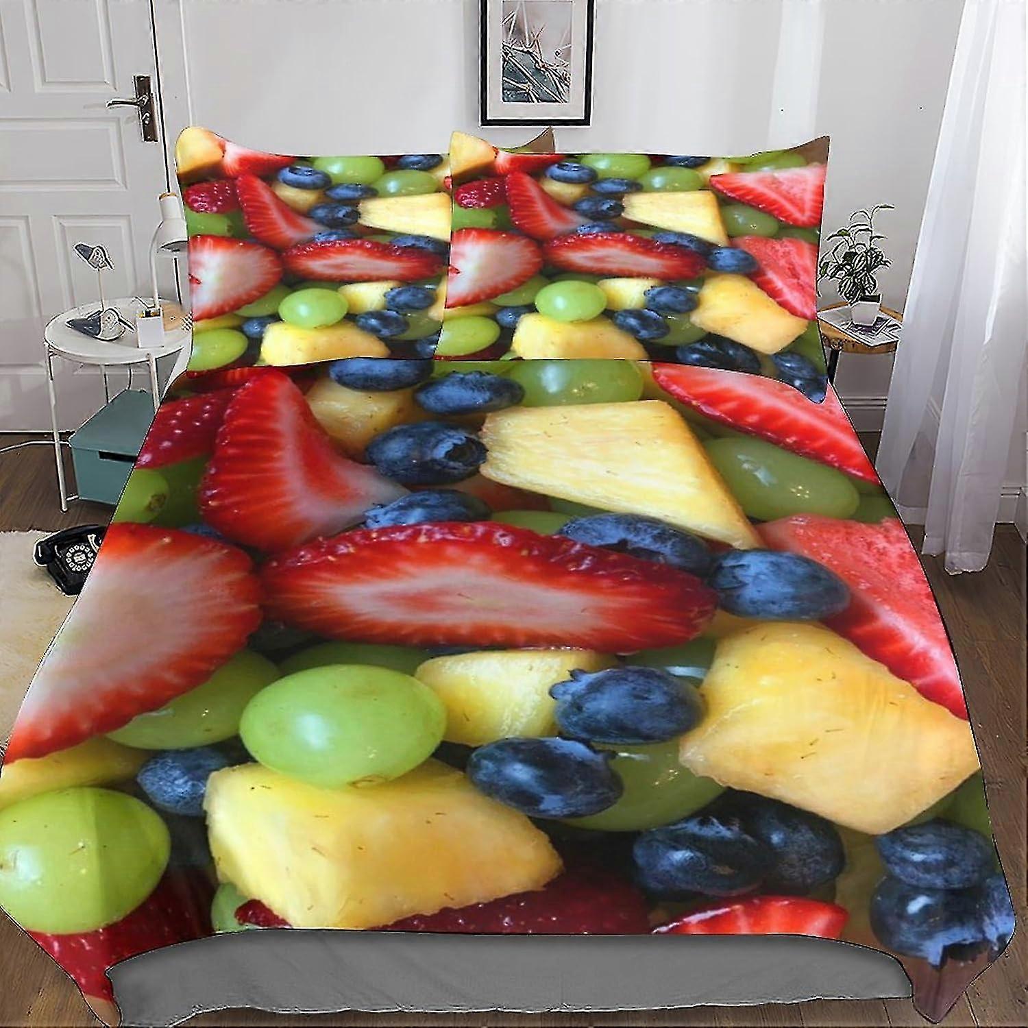 Cute Fruits Strawberry Dimensional Printed Microfibre Duvet Cover and Sheet Set, Soft Microfibre Pillowcases with Invisible Zip