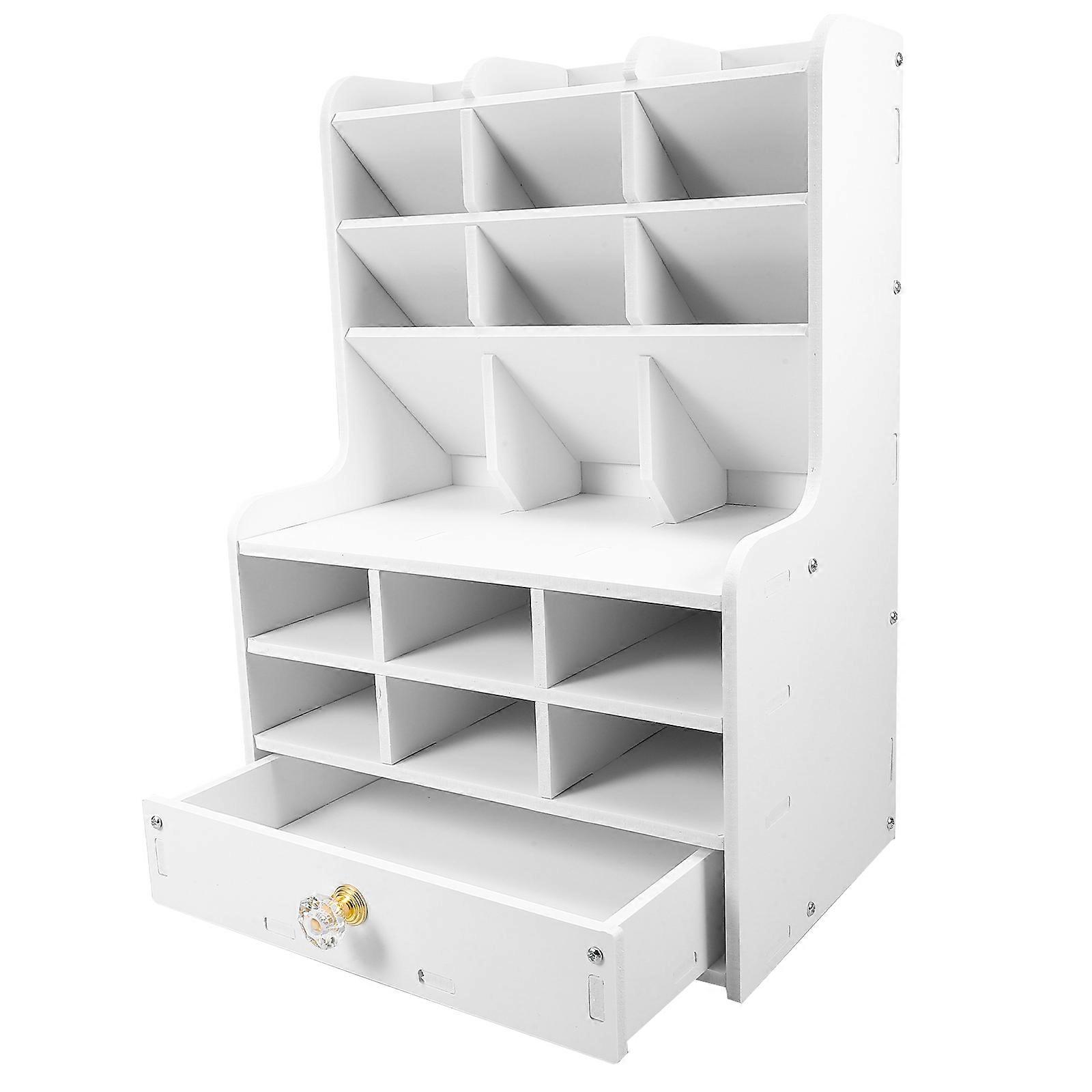 Multi-Functional Diy Desktop Pen Holder Rectangular Shape Grid Separator Style White Color 1Pcs