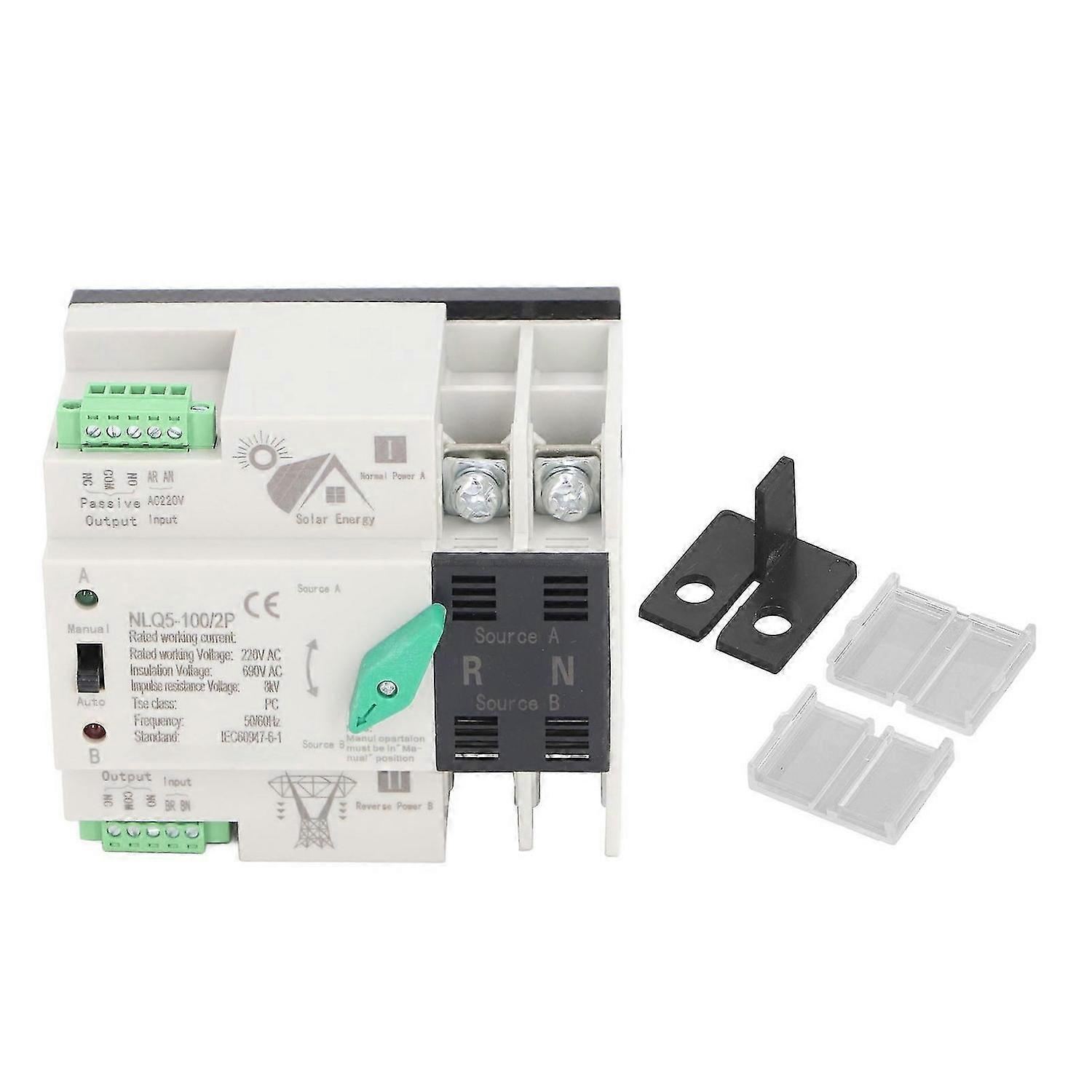 Dual Power Automatic Transfer Switch 2P PV to Utility Mini ATS Dual Power Generator Changeover Switch AC220V 100A