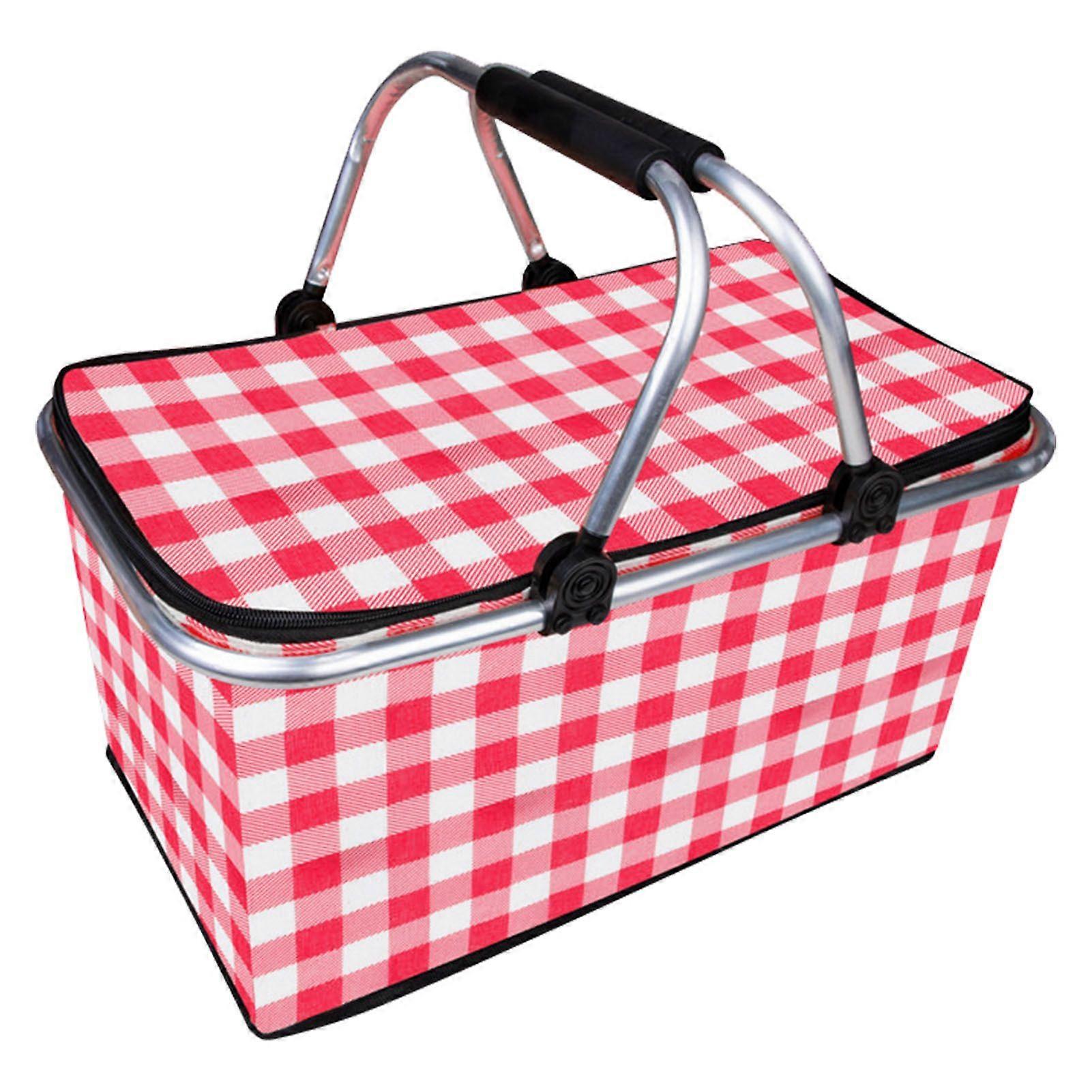Picnic Basket Foldable Oxford Cloth Insulated Storage Basket with Check Pattern for Picnic Camping Red OrdinaryYMHC