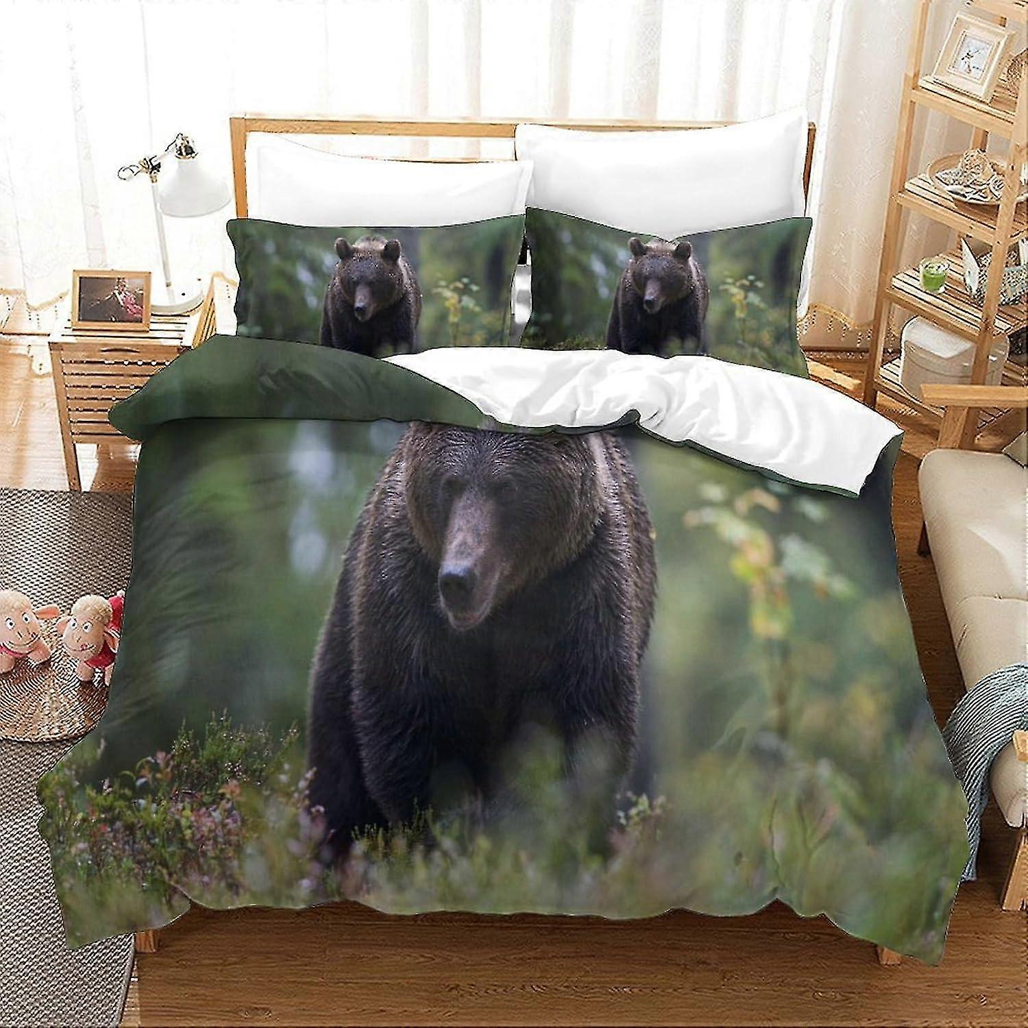 Double Bed Set with Grizzly Print, Super Soft Microfiber Duvet Cover with Zipper and Pillowcases, Hypoallergenic Quilt Cover