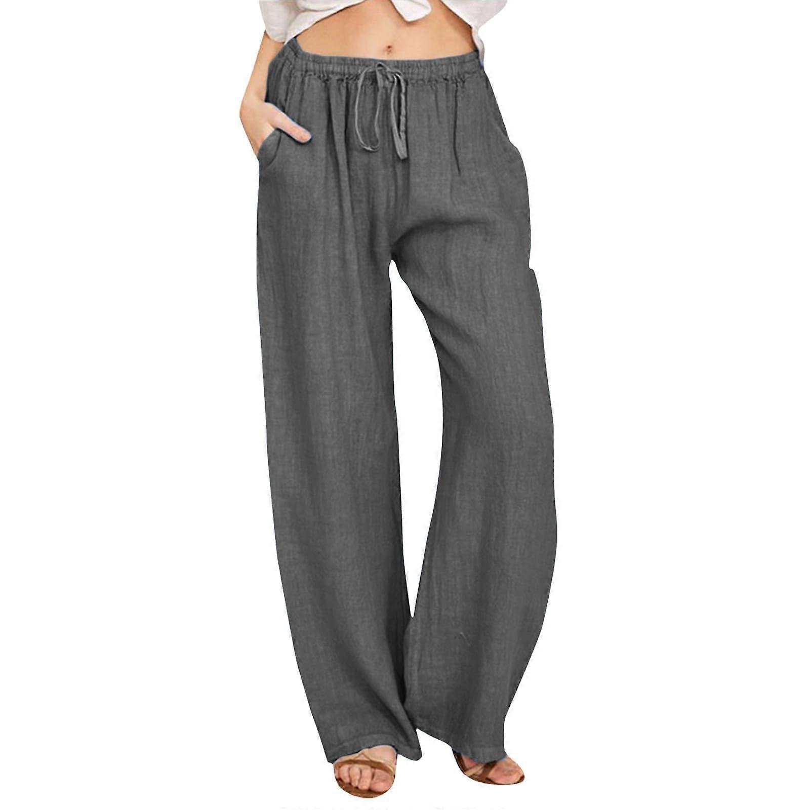 Women High Waisted Wide Leg Pants Linen Fabric Drawstring Elastic Waist Pockets Dark Gray Small