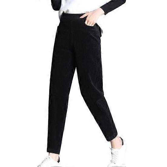 Women Autumn Winter Corduroy Harem Pants Elastic Waist Pockets Solid Color Long Trousers Thickened Fleece Lining Casual Pants