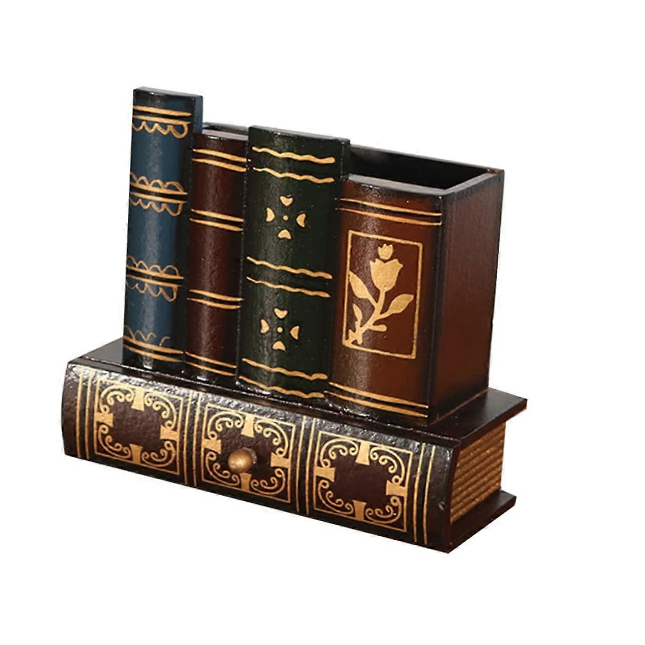 Retrostyle pen holder, multifunctional wooden pen container with drawer for home office study.